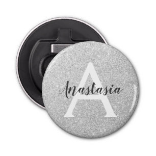 Girly Glam Silver Glitter Sparkles Monogram Name Bottle Opener