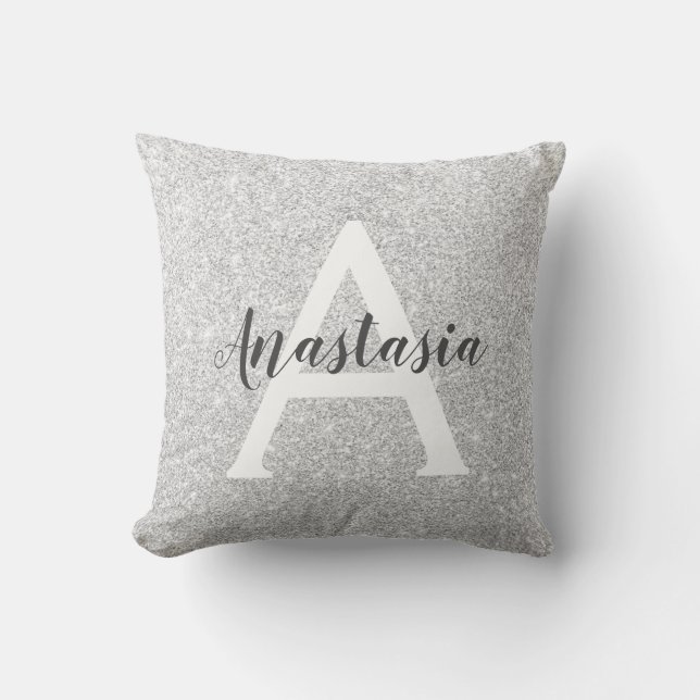Girly Glam Silver Glitter Sparkles Monogram Name Cushion (Front)