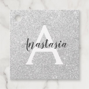 Girly Glam Silver Glitter Sparkles Monogram Name Favour Tags
