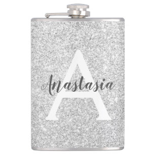 Girly Glam Silver Glitter Sparkles Monogram Name Hip Flask
