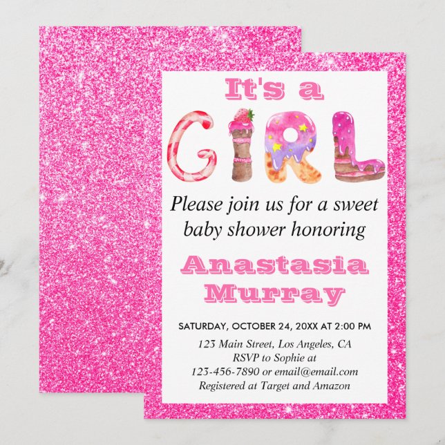 Girly Glam Sweet Hot Pink Glitter Girl Baby Shower Invitation (Front/Back)