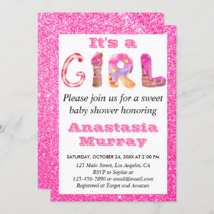 Girly Glam Sweet Hot Pink Glitter Girl Baby Shower Invitation