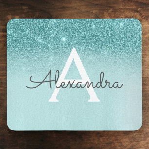 Girly Glam Teal Blue Glitter Monogram Ombre Mouse Pad