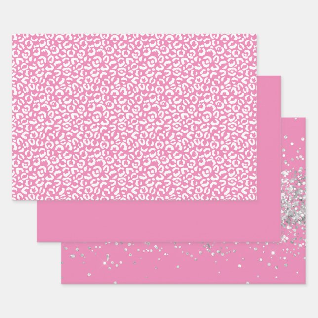 Girly Glam White Pink Leopard Print Wrapping Paper Sheet (Set)