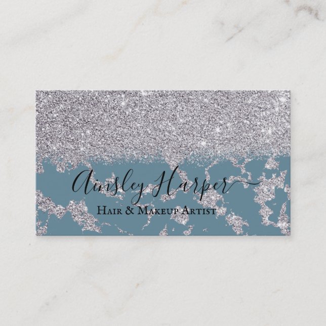 Girly Glamorous Silver Glitter Marble Gradient Business Card (Front)
