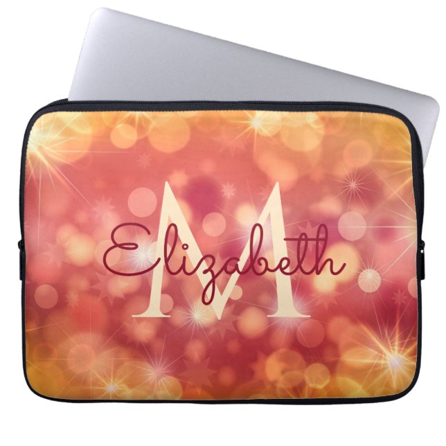 Girly Glitter Coral Orange Bokeh Initial Monogram Laptop Sleeve (Front)