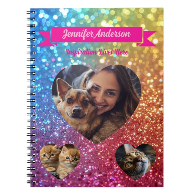Girly Glitter & Custom Heart Shape Photo  Notebook (Front)