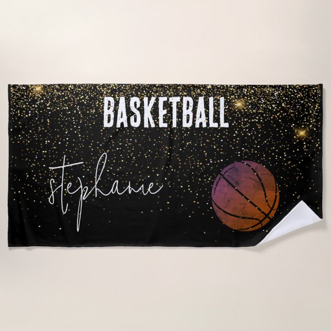 Girly Glitter Gold Personalised basketball  Beach Towel (Front)