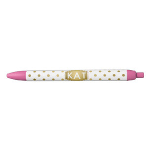 Girly Glitter Gold Polka Dots Pattern Monogram Black Ink Pen