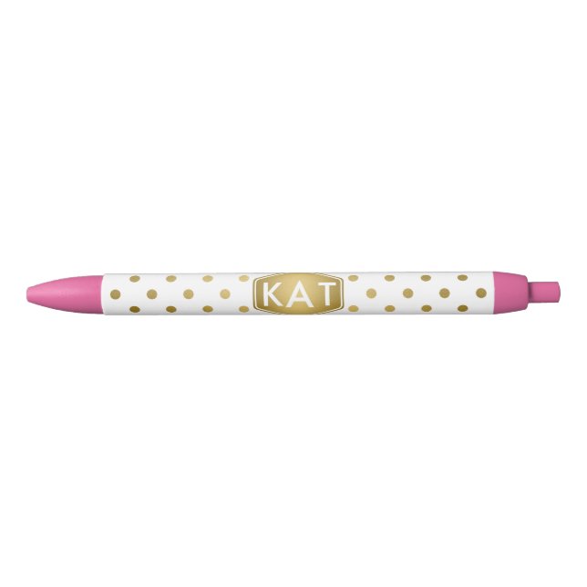 Girly Glitter Gold Polka Dots Pattern Monogram Black Ink Pen (Front)