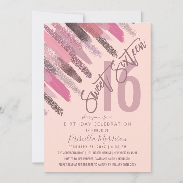 Girly Glitter Paint Brushstrokes Pink Sweet 16 Invitation (Front)