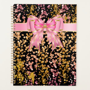 Girly glitter pink black bow planner