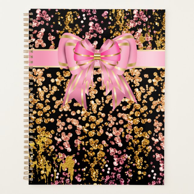 Girly glitter pink black bow planner (Front)
