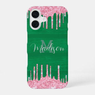 Girly Glitter Pink Green Drip Monogram Add Name iPhone 16 Case