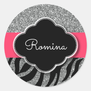 Girly Glitter Pink Zebra Pattern Personalised Name Classic Round Sticker
