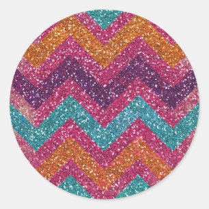 Girly Glitter Print Chevron Stripes Teal Pink Classic Round Sticker