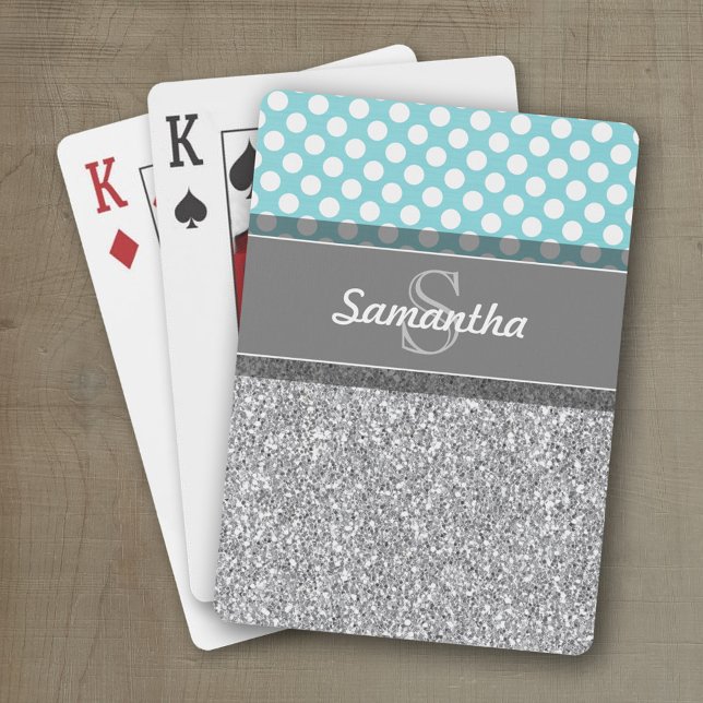 Girly Glitter Print Pattern with Custom Monograms Playing Cards (Personalized playing cards with a funky pattern and a place for a name)