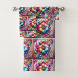 Girly Glitter Rainbow Flowers Towel Set