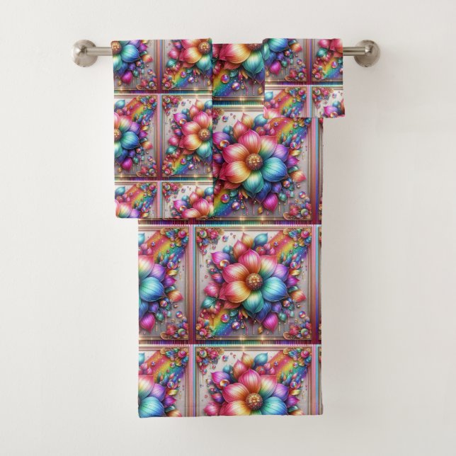 Girly Glitter Rainbow Flowers Towel Set (Insitu)