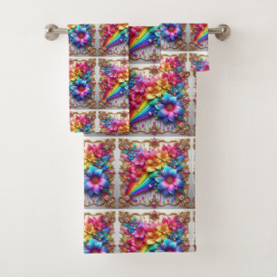 Girly Glitter Rainbow Flowers Towel Set