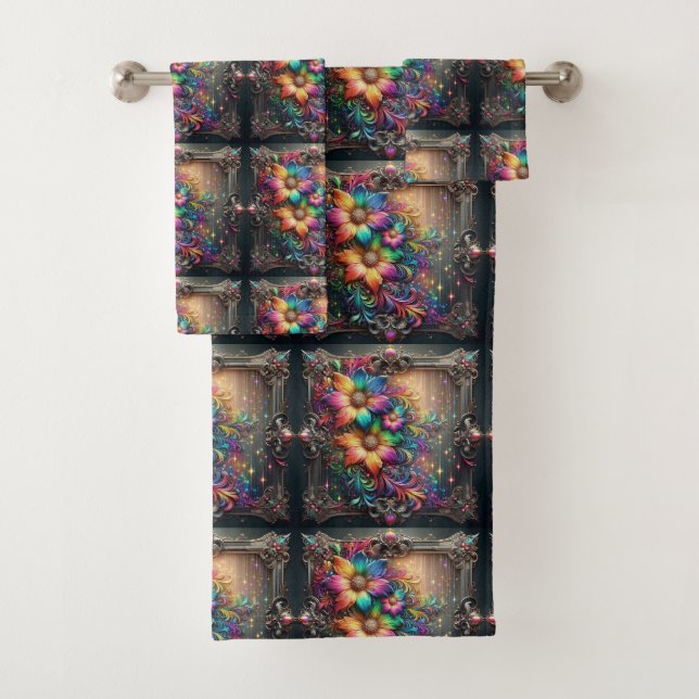 Girly Glitter Rainbow Flowers Towel Set (Insitu)