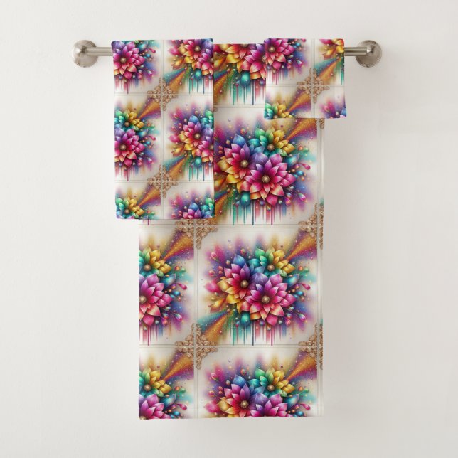 Girly Glitter Rainbow Flowers Towel Set (Insitu)