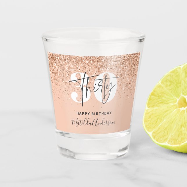 Girly glitter sparkle modern 30th birthday  shot glass (Front)