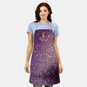 Girly glitter sparkle purple silver name monogram apron