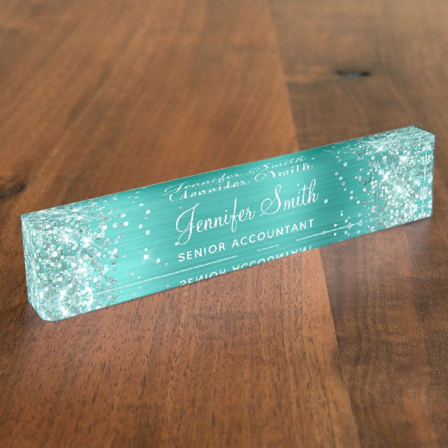 Girly Glittery Bright Turquoise Foil Nameplate (Side)