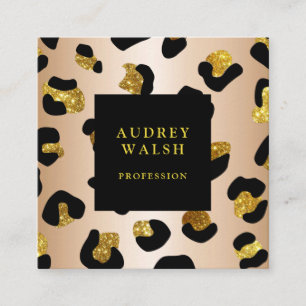 Girly Glittery Faux Gold Leopard print Luxury Square Business Card