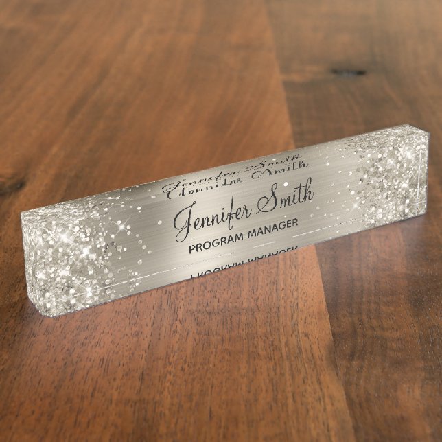 Girly Glittery Faux Platinum Foil Nameplate (Side)