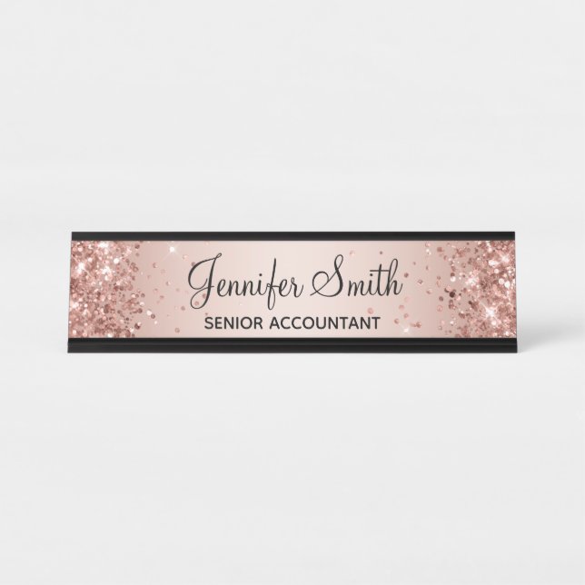 Girly Glittery Faux Rose Gold Gradient Desk Name Plate (Front)