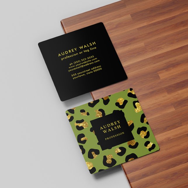 Girly Glittery Gold Green Leopard print  Luxury Square Business Card (Creator Uploaded)