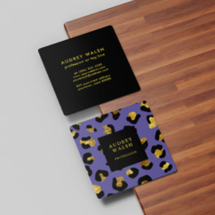 Girly Glittery Gold Purple Leopard print  Luxury Square Business Card