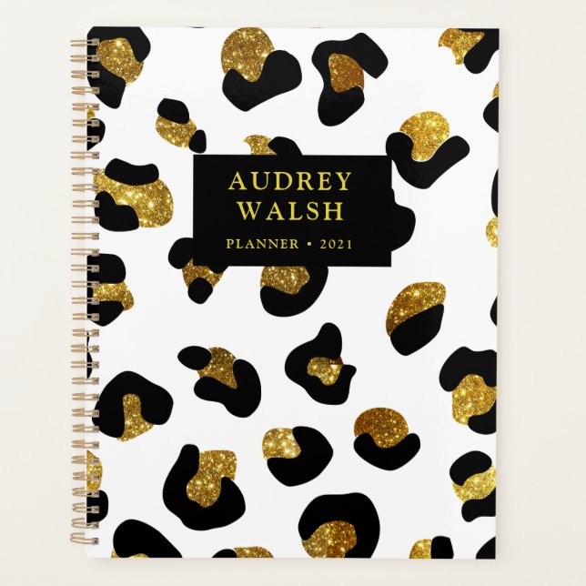 Girly Glittery Gold White Leopard print  Luxury Planner (Front)