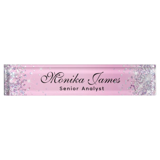 Girly Glittery Holographic Faux Light Pink Custom Nameplate (Front)