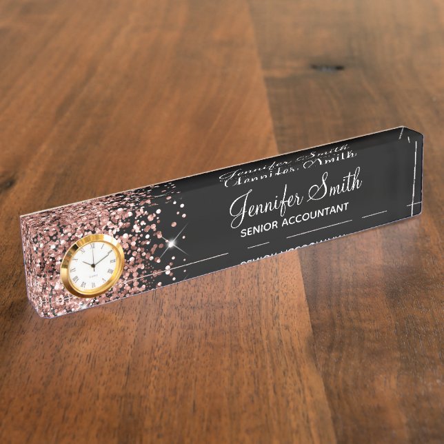 Girly Glittery Rose Gold Glam Black Nameplate (Side)