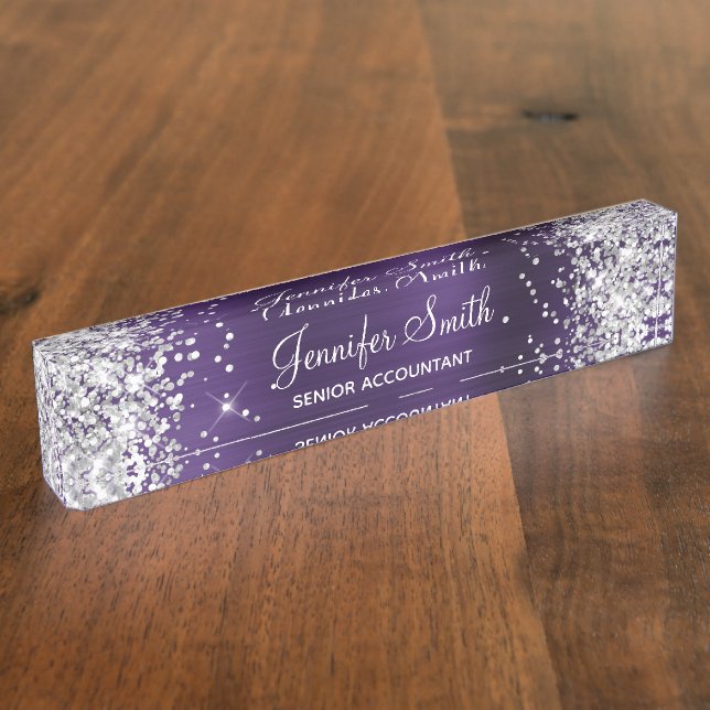 Girly Glittery Silver Dark Violet Foil Nameplate (Side)
