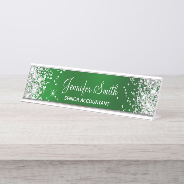 Girly Glittery Silver Emerald Green Glam Desk Name Plate (Front)