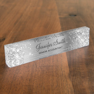 Girly Glittery Silver Faux Foil Nameplate