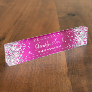 Girly Glittery Silver Faux Hot Pink Foil Nameplate