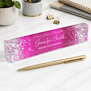 Girly Glittery Silver Faux Hot Pink Foil Nameplate