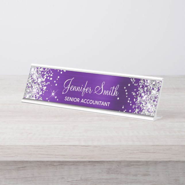 Girly Glittery Silver Faux Indigo Purple Foil Desk Name Plate (Front)