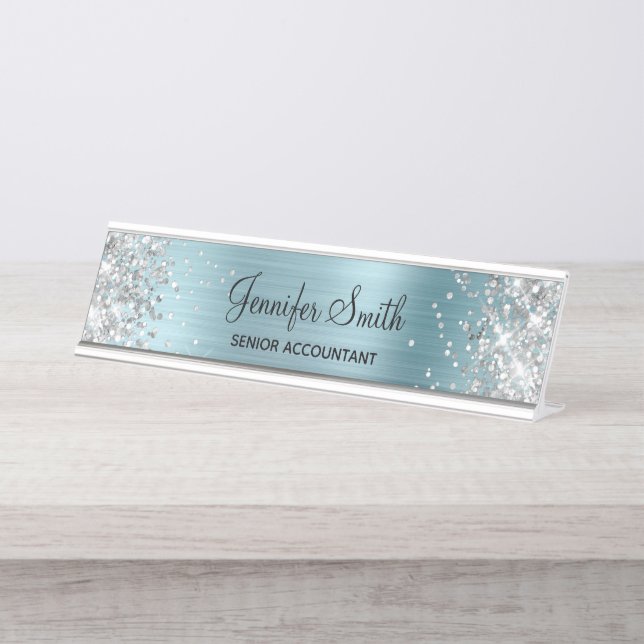 Girly Glittery Silver Faux Light Blue Foil Desk Name Plate (Front)