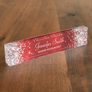 Girly Glittery Silver Faux Red Foil Nameplate