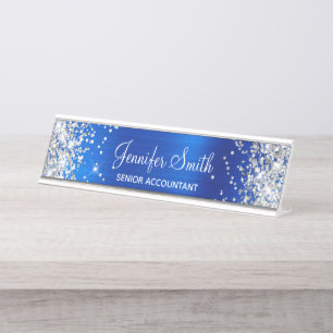 Girly Glittery Silver Faux Royal Blue Foil Desk Name Plate