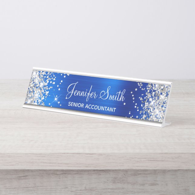 Girly Glittery Silver Faux Royal Blue Foil Desk Name Plate (Front)