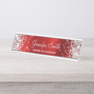 Girly Glittery Silver Faux Ruby Red Foil Desk Name Plate