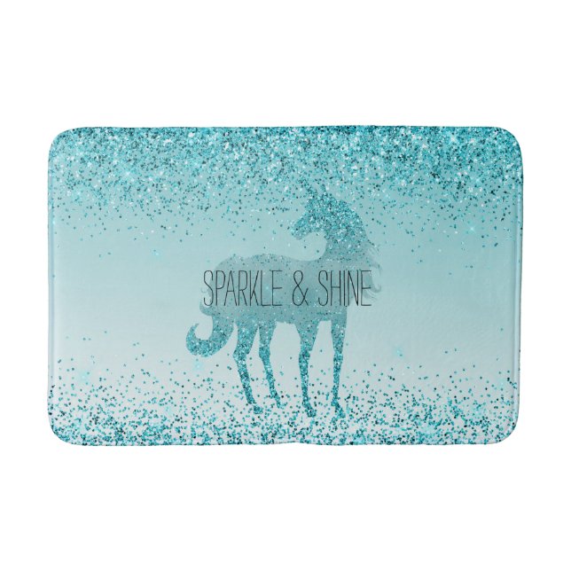 Girly Glitz Aqua Turquoise Glitter Unicorn Bath Mat (Front)