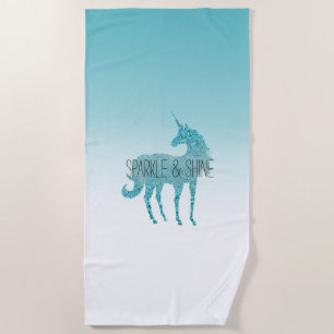 Girly Glitz Aqua Turquoise Glitter Unicorn Beach Towel